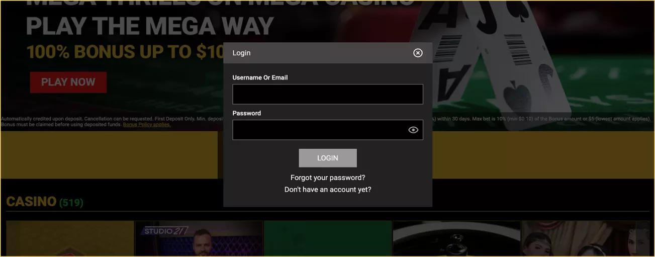 Log in to Mega Casino - fast access to real winnings